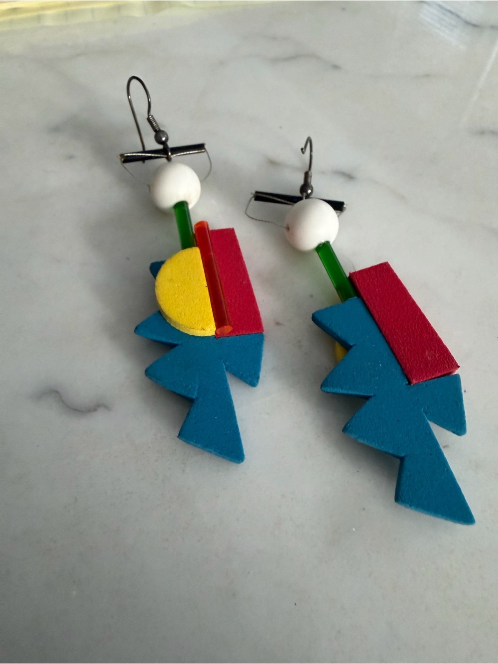 Color-Block Geometric Drop Earrings - Blue, Red, Yellow